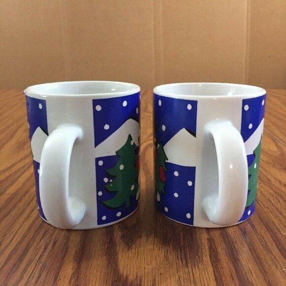 Christmas Mugs Snowman Tree Ceramic Everyday Gibson Set Of 2 Blue Green 8 oz Cup - Picture 2 of 12
